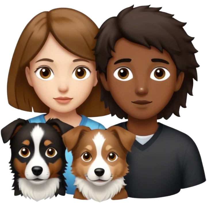 Chica morocha pelo castaño claro ojos marrones, chico con pelo corto negro y border collie marrón claro y blanco emoji