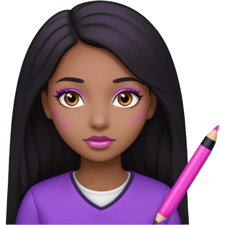 Une fille noir au cheveux lisse qui est entrain d’écrire avec un stylo rose sur un cahier violet cheveux long et lisse avec des jolis yeux et un beau makeup emoji
