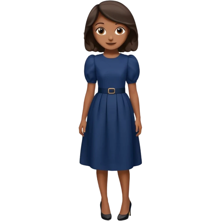 Menina pele parda, sorridente com dente cabelo  castanho escuro  liso médio curto, roupa modesta, vestido azul marinho longo manga bufante pequeno,  salto preto mão na cintura  emoji