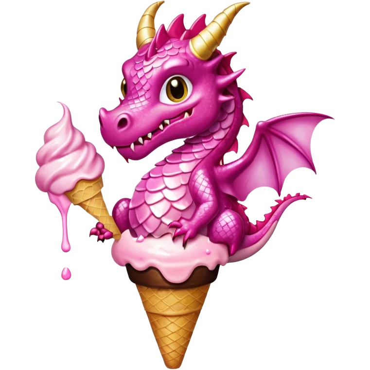 A dragon in pink tones with its wings, pink and golden legs, and shiny glitter, eats a vanilla and chocolate ice cream. emoji