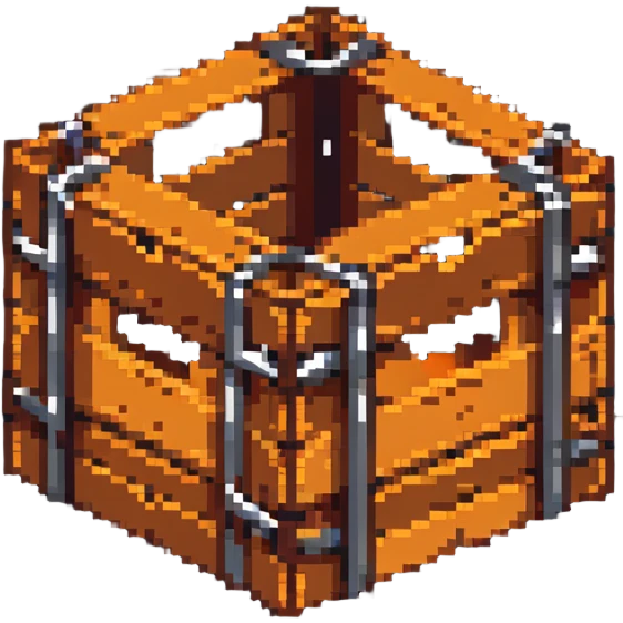 wooden crate with metal bands, orange brown color scheme, breakable box, 32x32 game asset emoji