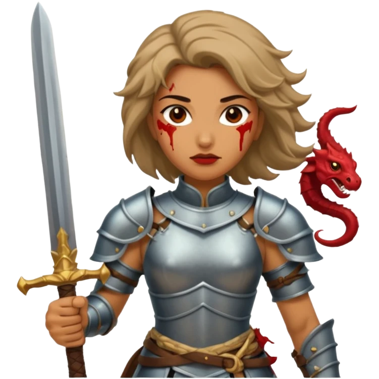 Fierce Latina in armor with a sword after a battle cutting off the head of a hydra emoji