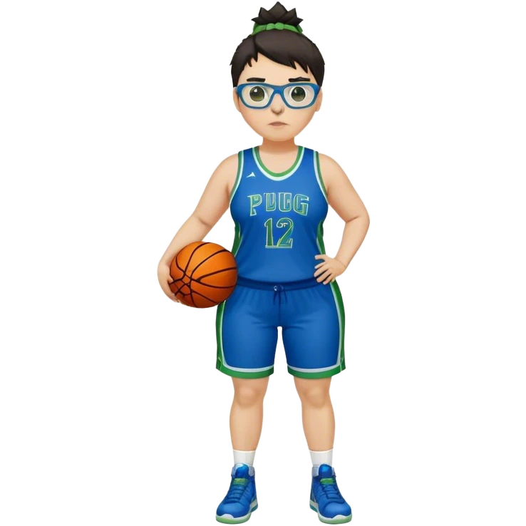 full body white plus size women basketball player pug nose with short spiky dark hair with added blond highlights wearing blue glasses wearing blue and green uniform emoji