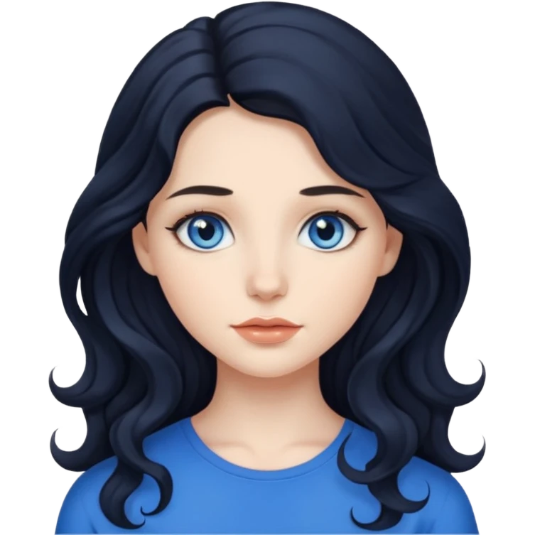 a girl with blue eyes, long black wavy hair, subtle clean makeup emoji