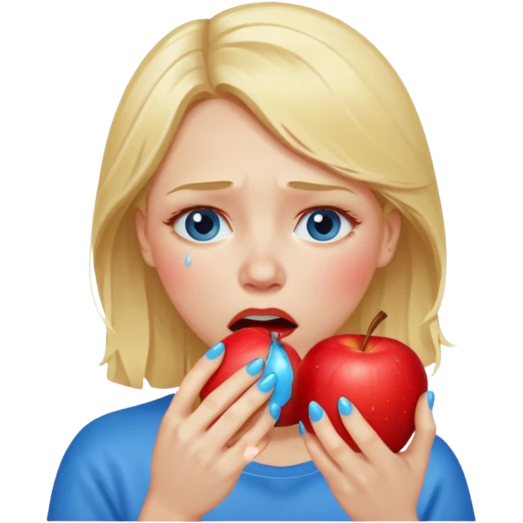 woman crying eating apple. make tears blue color and hair blonde emoji