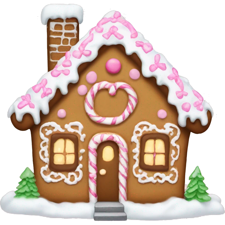 Christmas gingerbread house with soft pink bows and lots of snow   emoji