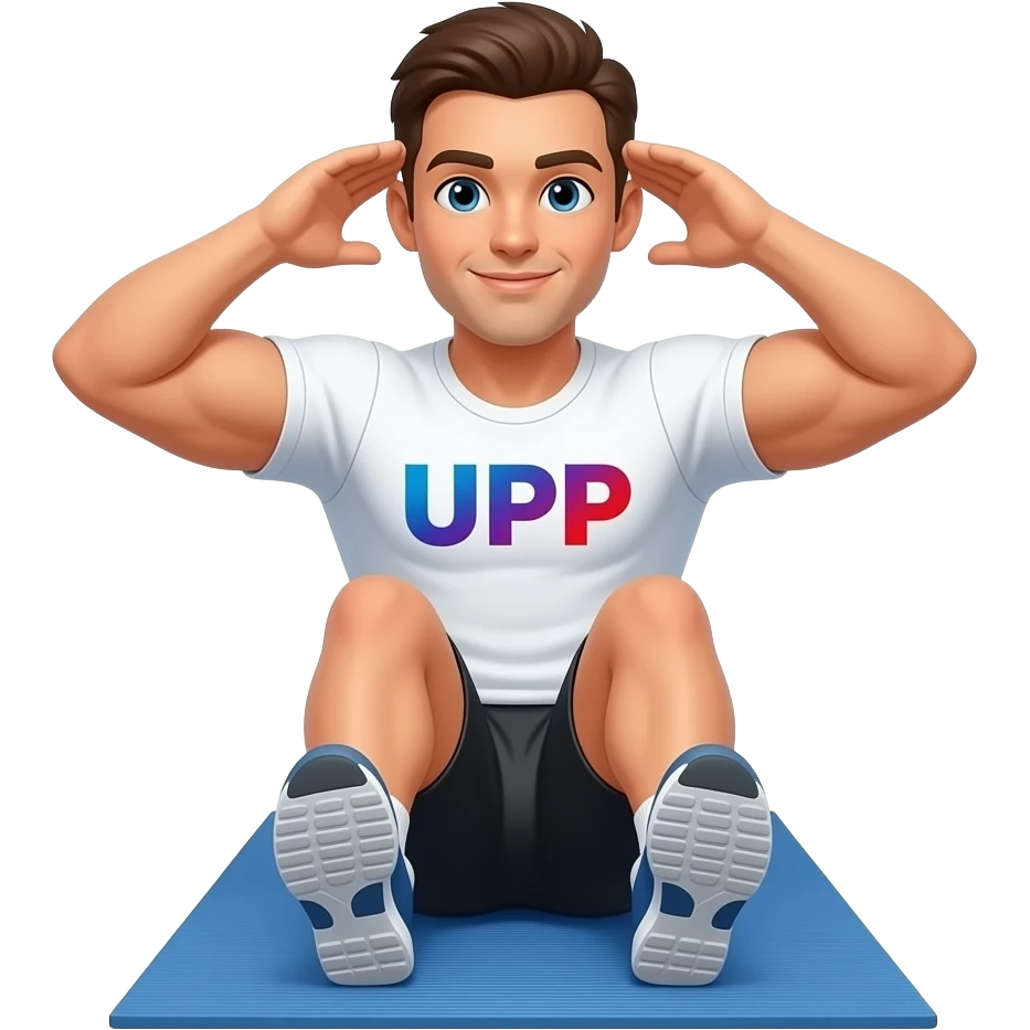 guy-wearing-all-white-workout-top-and-blakc-shorts-doing-sit ups with-_upp_-written-in-middle-of-his-shirt in blue purple red gradient with no matt under him emoji