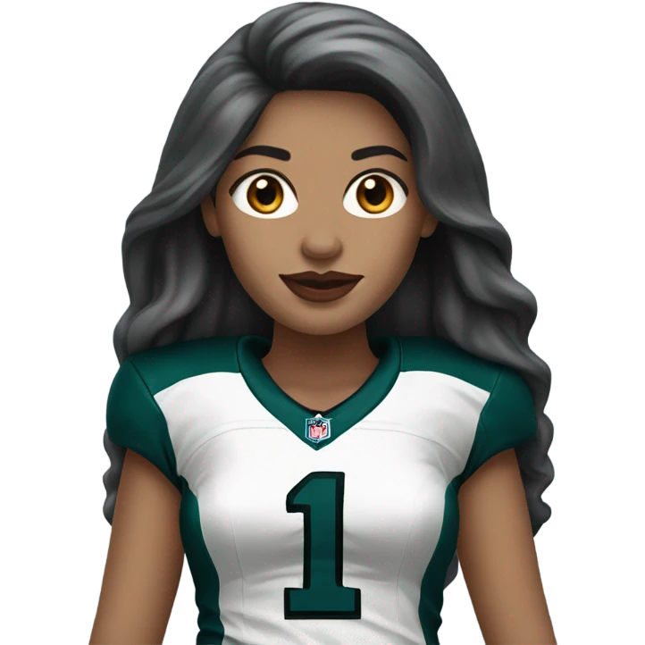 White female long dark hair red lips wearing Philadelphia Eagles jersey emoji
