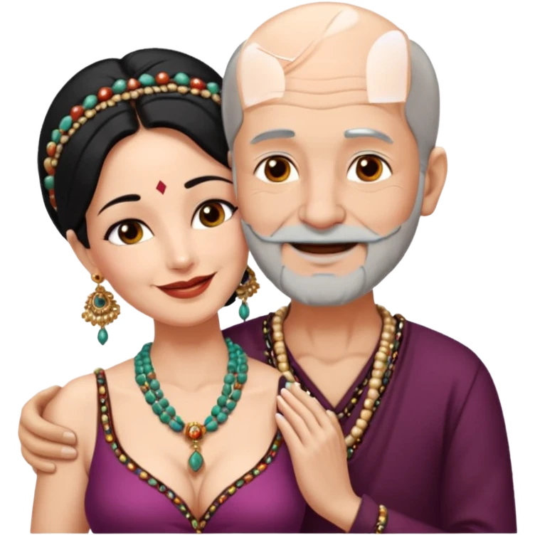 I want an old man with balding and grey beard  wearing no jewelery and a woman in her 40s with dark black hair parted in indian woman style wearing a beads chain  with the cleavage of the woman visible in a passionate embrace, both must be blissfully smiling emoji