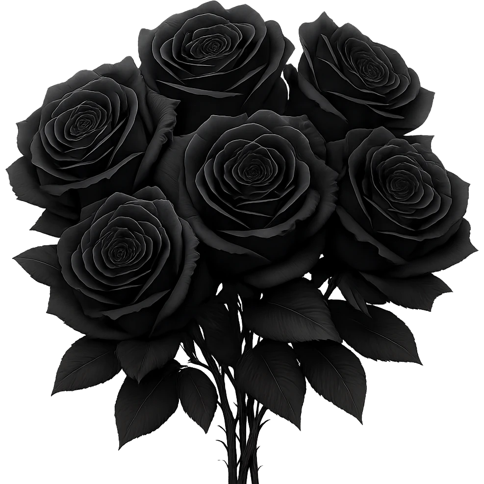 Create a bouquet of black roses with detailed petals in a gothic aesthetic, with no background. The bouquet should emphasize the intricate details of the petals and maintain a dark, gothic vibe. emoji