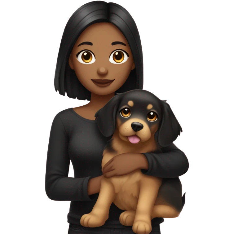 girl with white-fair-skin and long straight black hair and small face wearing a off-shoulder black shirt while holding her golden retriever puppy  emoji