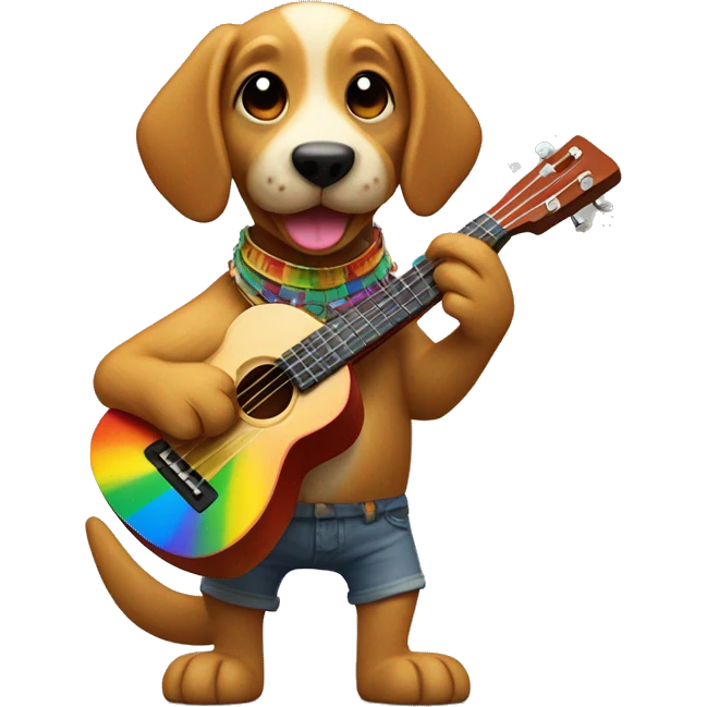 rainbow dog playing the ukulele, holding an echpochmak in its hind paw and a credit card in the other hind paw emoji