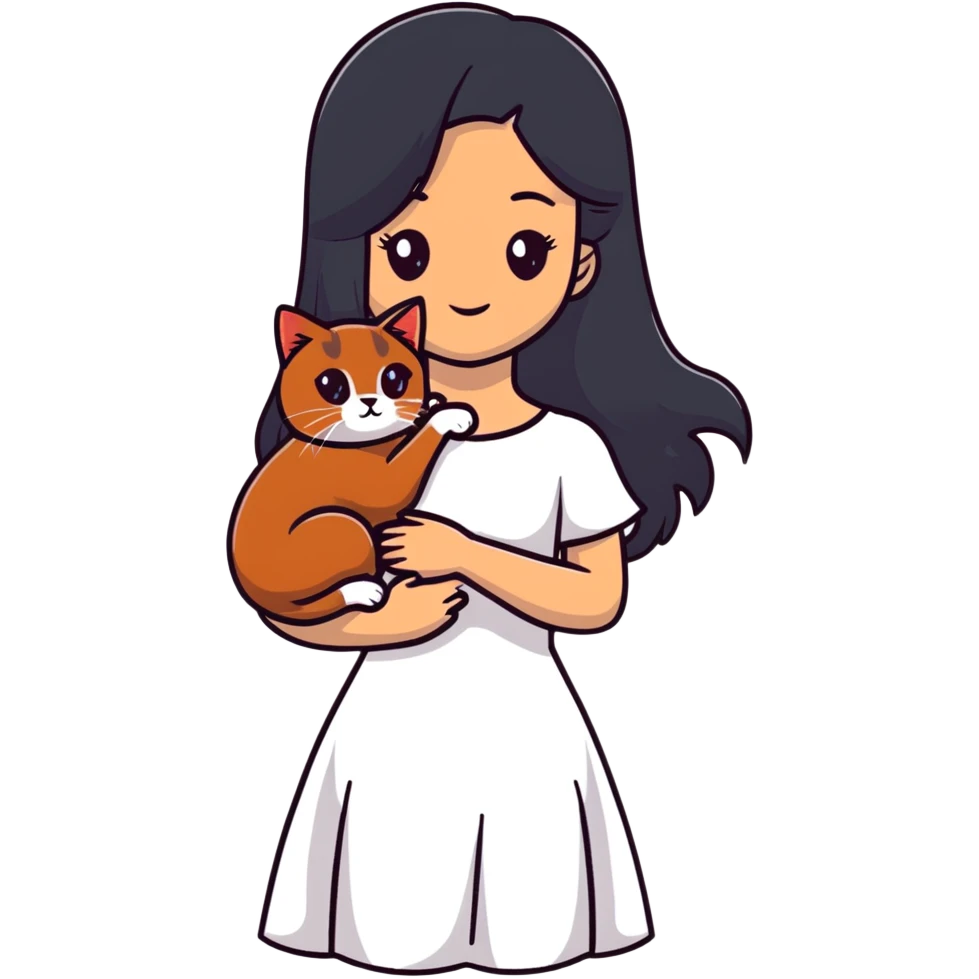 beautiful girl with long black hair wearing a white dress holding an Abyssinian cat with reddish-brown fur in her arms emoji