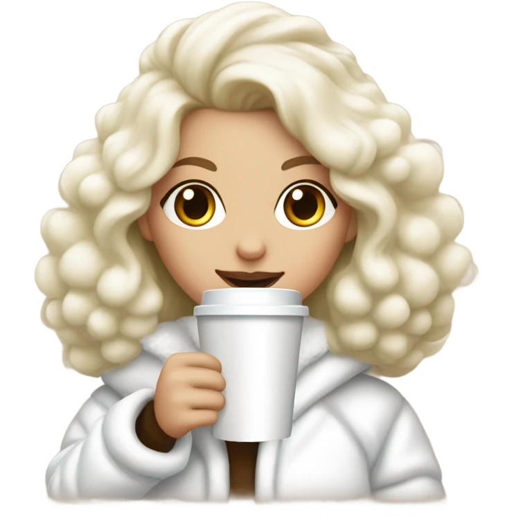 blonde girl wearing white fluffy jacket and a coffee to go in hand all dress white and a white bow on hair emoji