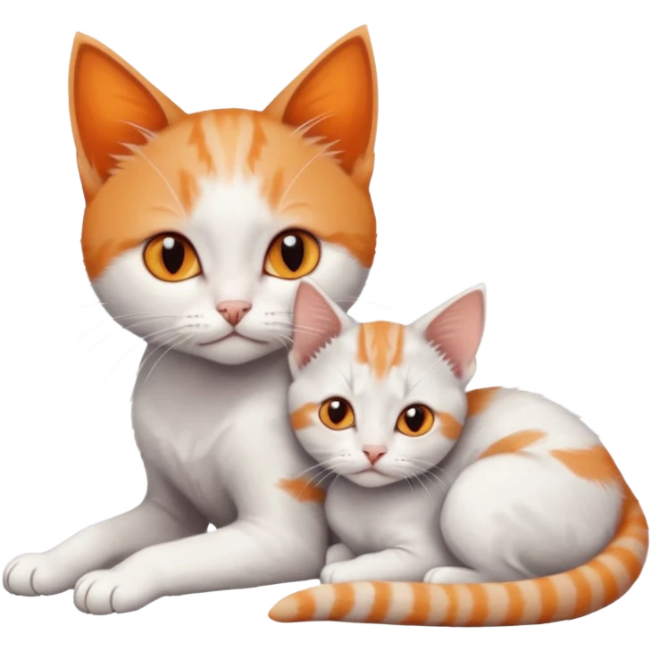 full body of very small + skinny ginger and white kitten with deep orange eyes and triangular shaped face lying down cuddling a grey and white kitten who is a bit bigger than him emoji