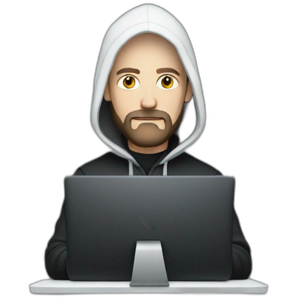 bald white man with a black beard typing on apple computer wearing a black hoodie emoji