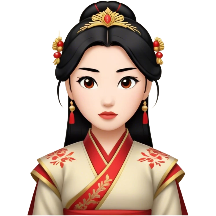 Cinematic Majestic Mulan Portrait Emoji, rendered in a clean, vector-style with bold, simplified shapes. Depict Mulan with a serene, noble expression, warm light skin, and neatly styled black hair, dressed in traditional attire featuring subtle red motifs and gold trim. The image glows with a calm, majestic aura, high shine, and a soft glowing outline, embodying classic elegance. emoji