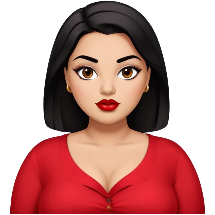 Glamorous full-figured young woman with defined features, brown skin, expressive dark eyes, thick eyebrows, full lips with red lipstick, sleek black hair, slightly plump, wearing a red blouse emoji