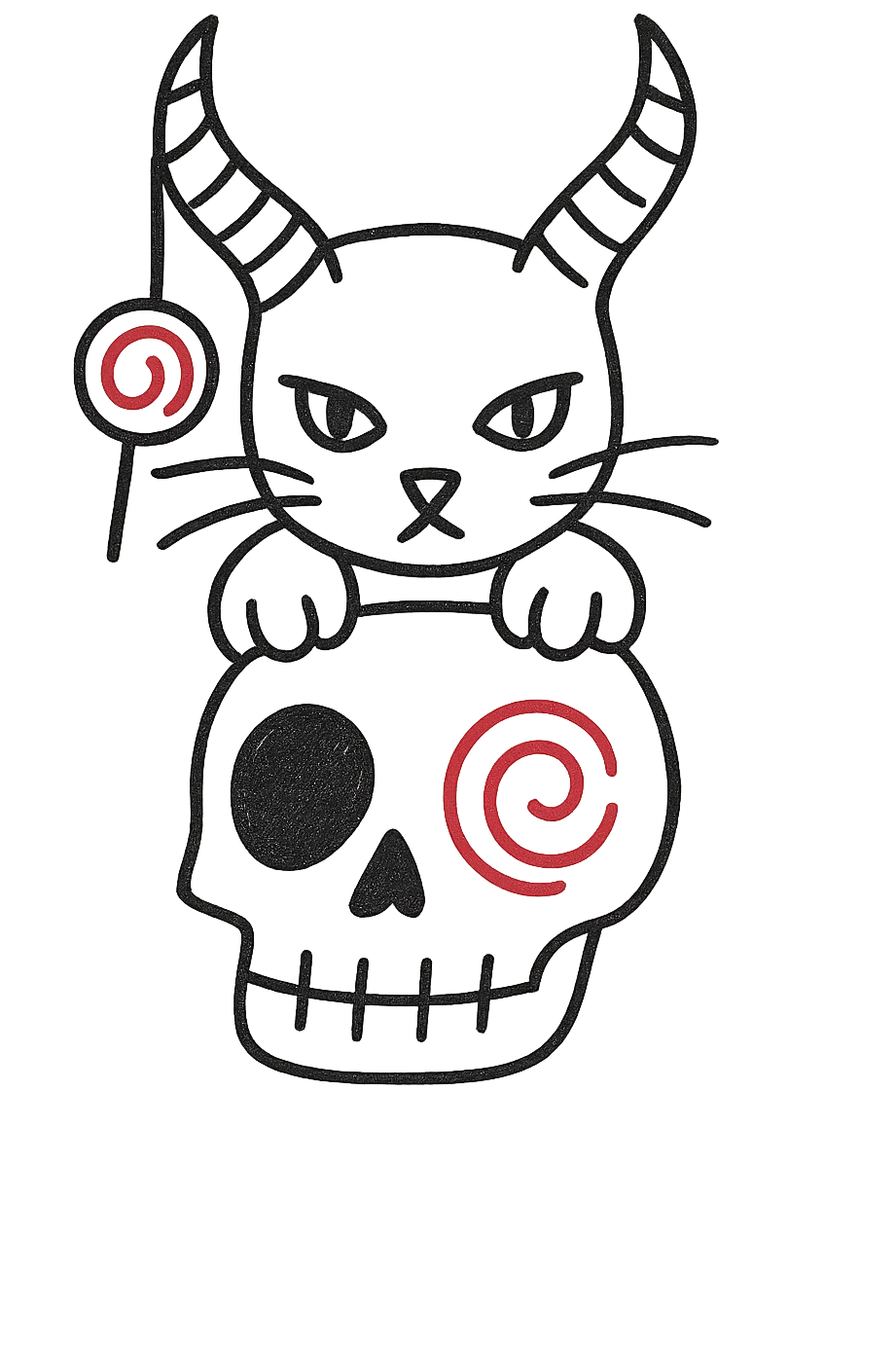 Add the iconic lollipop from the Trick 'R Treat movie hanging from one of the cat's demon horns, hand drawn style with bold lines, no fill, preserve the red spiral on the skull, transparent background. emoji