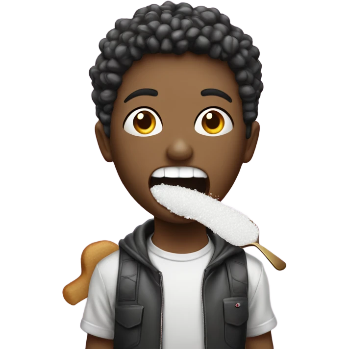 person eating sugar and has a spoon full of sugar  with sugar all over their mouth and they’re also holding a lighter emoji