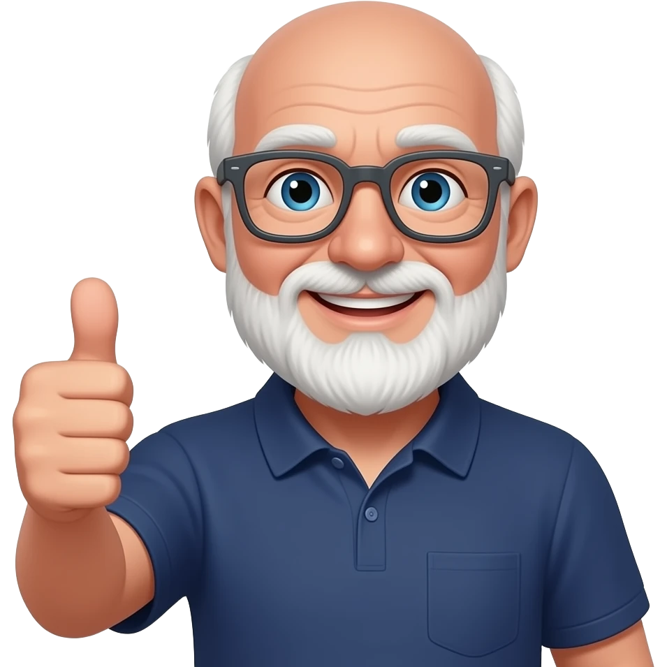 old bald man with white beard with red tint, blue eyes, dark gray glasses, thumbs up, navy polo shirt, smiling emoji