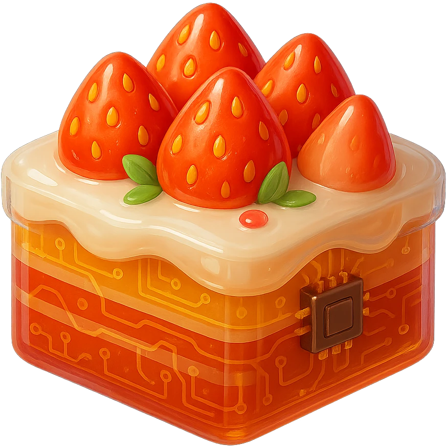 Modify the cake layers to look different while keeping the cute strawberry cake with whipped cream and whole strawberries on top, surrounded by flowers, in a 3D glossy style on a white background. emoji
