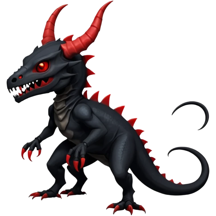 Shiny Dark Edgy  Salandit-Inteleon-Amaura-Fakémon-hybrid-creature (full body) with a horned animal-skull-mask emoji
