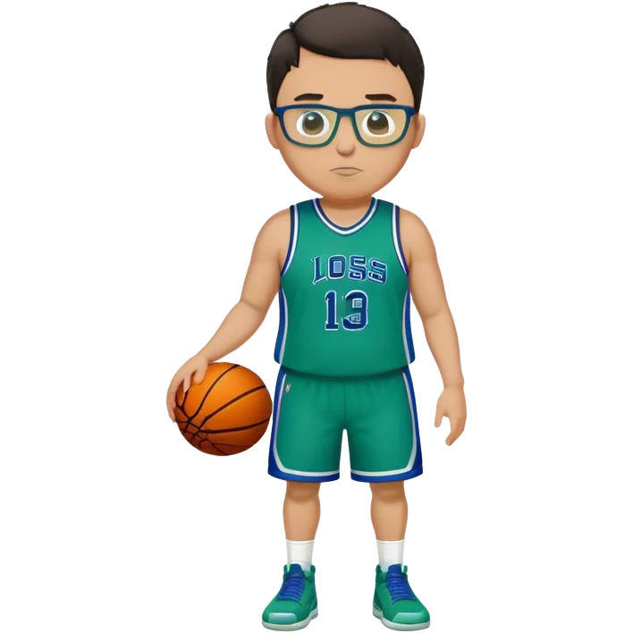 Full Body plus size tall white male with dark short hair basketball player wearing glasses wearing blue  with green uniform emoji