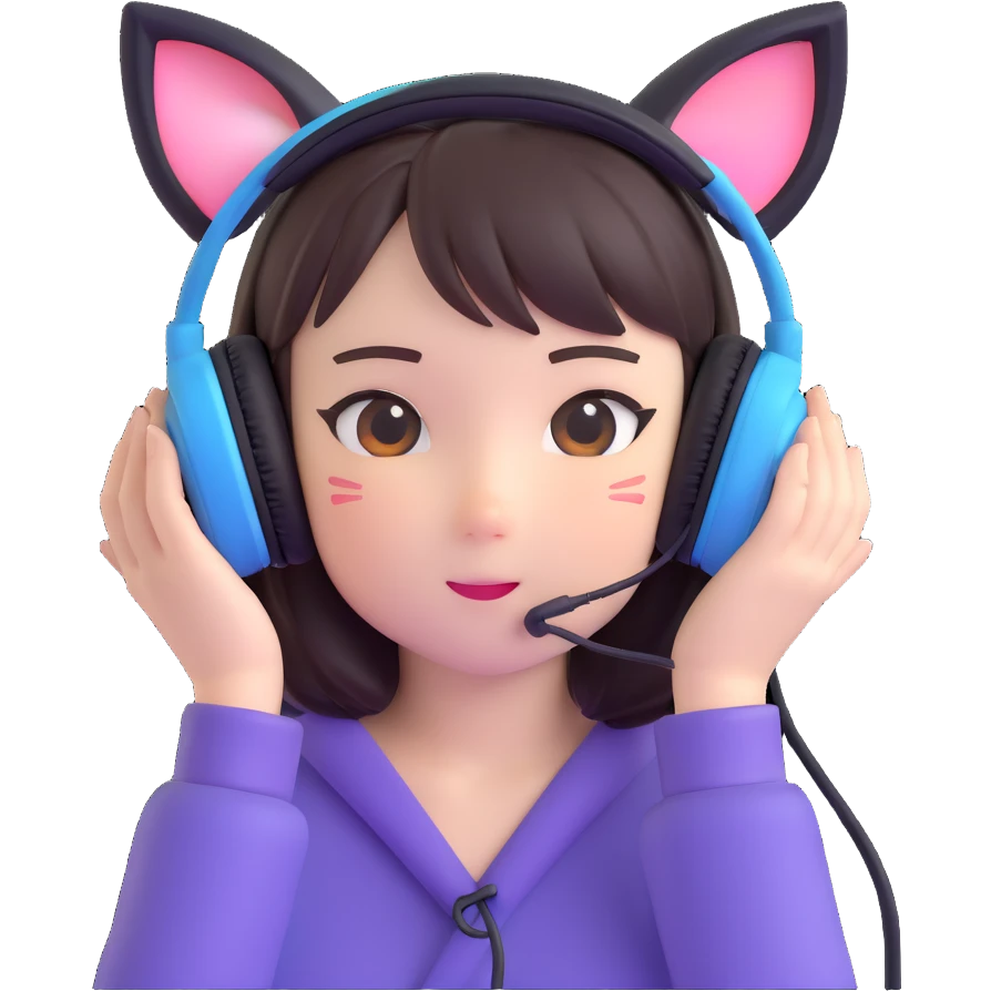 Adorable Japanese girl with kawaii cat ear gaming headphones emoji