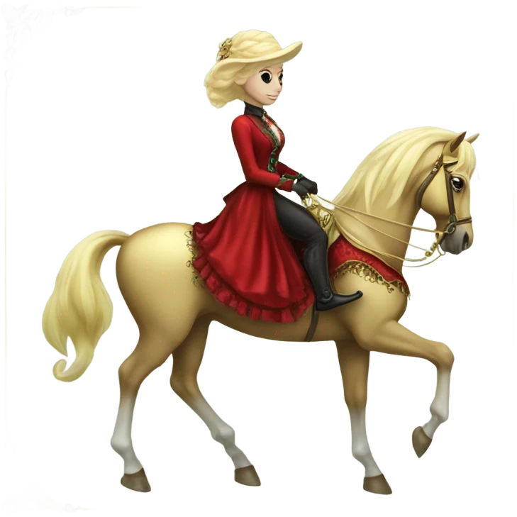 "galora green blonde alien woman" in red Victorian elegant dress, full body, rides "horse gold and white"
 emoji
