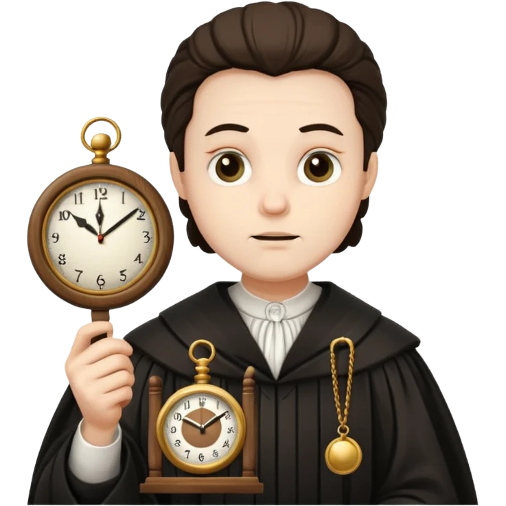 a 1600s judge with a hurried expression holding a clock that is UNFAIR emoji