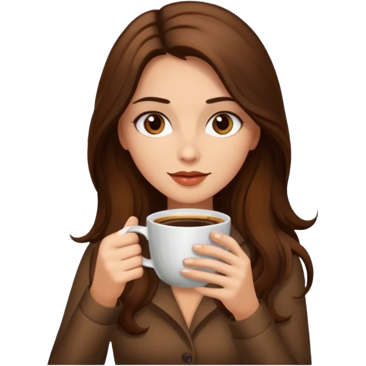 Brown long haired sexy woman with dark brown eyes with cup of coffee emoji