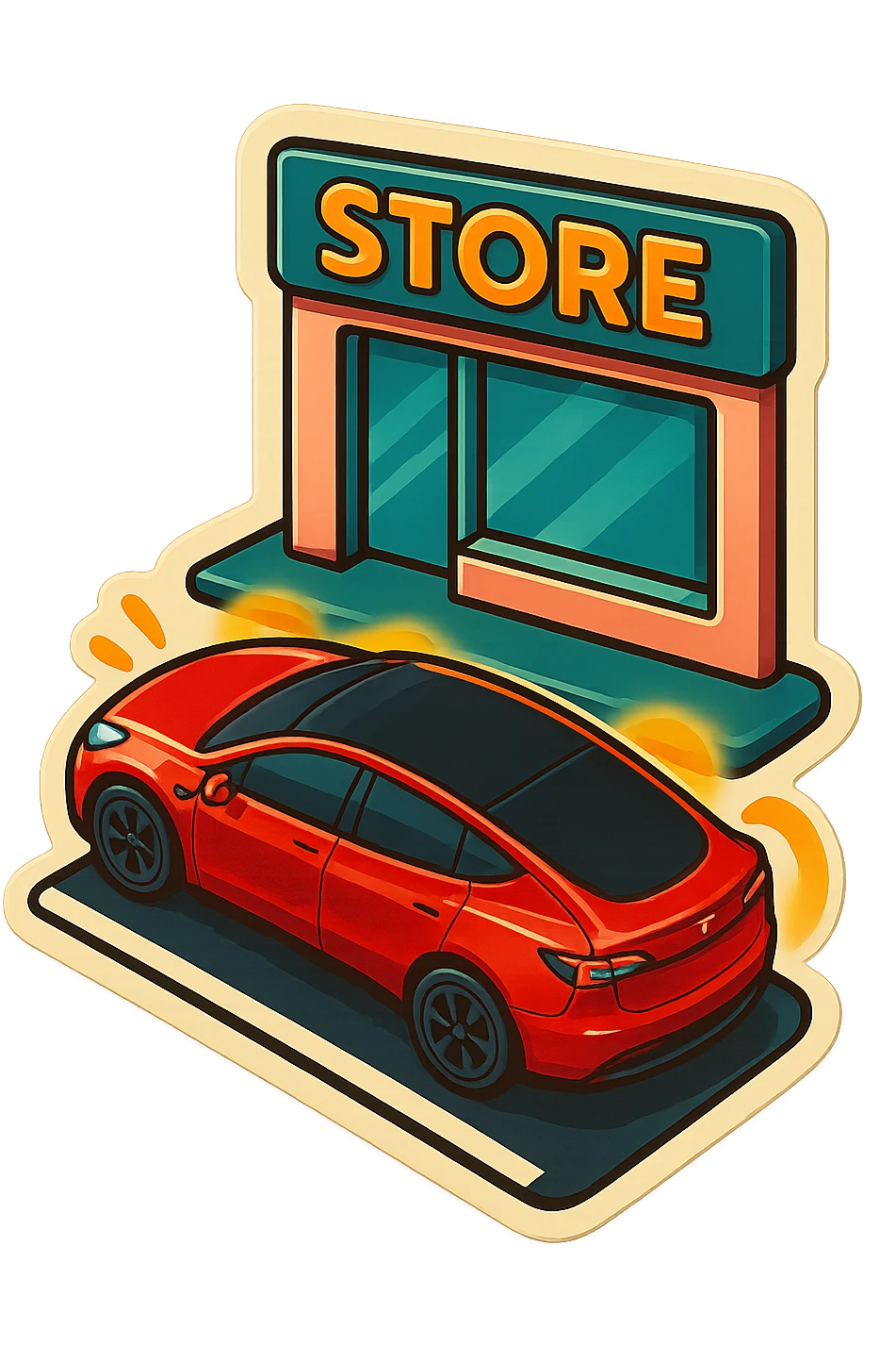 A Tesla Model Y parallel parking in front of a store, from above emoji