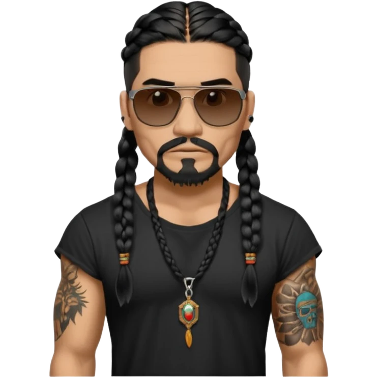 Native American/Spanish male.facial Hair on chin.
Untucked loose fitting black t-shirt. 
long black braided hair.
muscular.
Even More tattoos. 
Tough and menacing.
Dark black square sunglasses. emoji