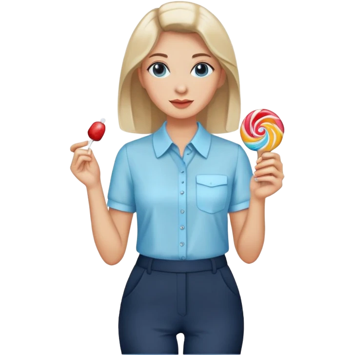 female smart light blue blouse, dark trousers, shoes. one hand holding a lolly emoji