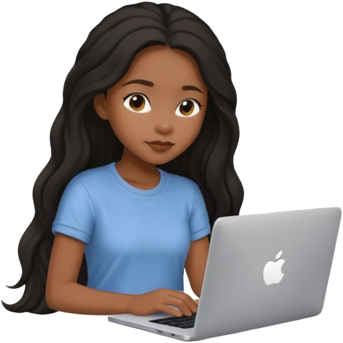 cute black girl with long hair, sitting at an Apple laptop, wearing soft aesthetic clothing emoji