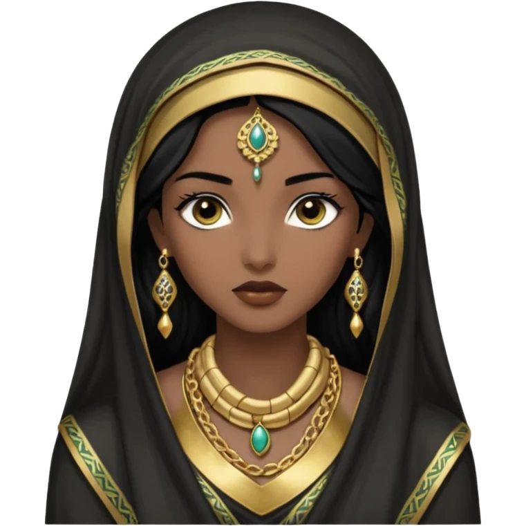  Mujer joven, morena, de gran belleza y porte misterioso.
Ojos grandes y negros, mirada intensa y fija; labios marcados.
-Cabello: Negro, largo y brillante, suele ir cubierto parcialmente por un velo o pañuelo oriental. Cuerpo conpletoVestimenta: Ropa de inspiración arabe brazaletes y pendientes.
 emoji