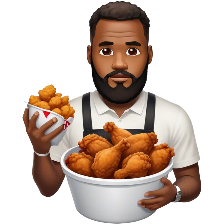a black man with cool beard, like le bron james the basketballer with a bucket with fried chicken from KFC emoji