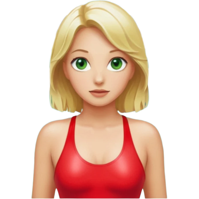 Blonde Woman, Green eyes,Red onepiece, Background Indoor pool emoji