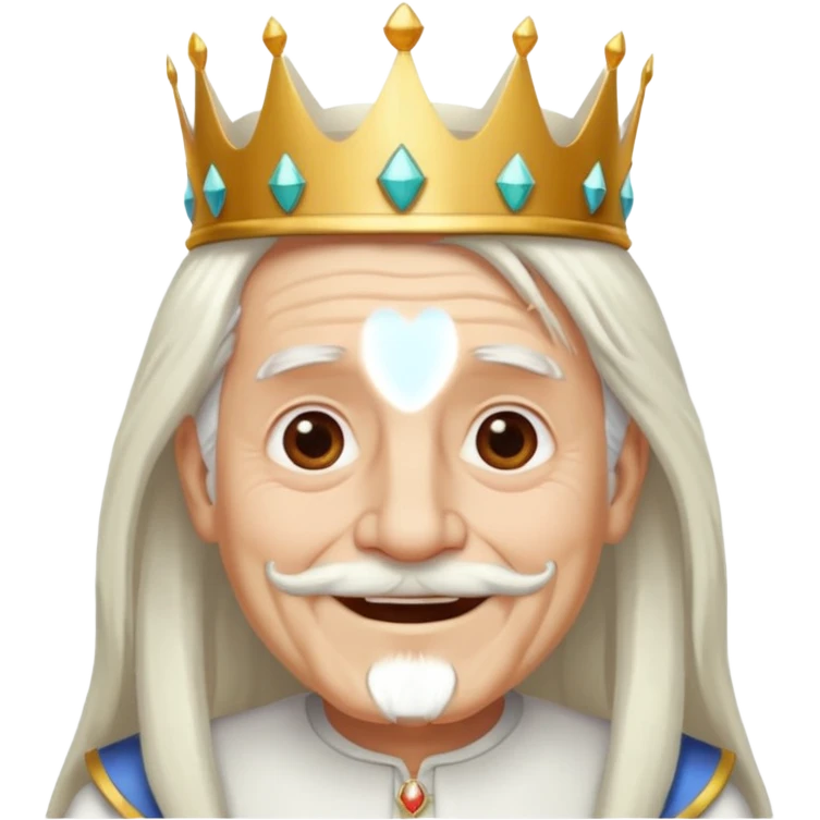 a smiling old man with long white hair and has no beard wearing a white smart shirt and a crown emoji