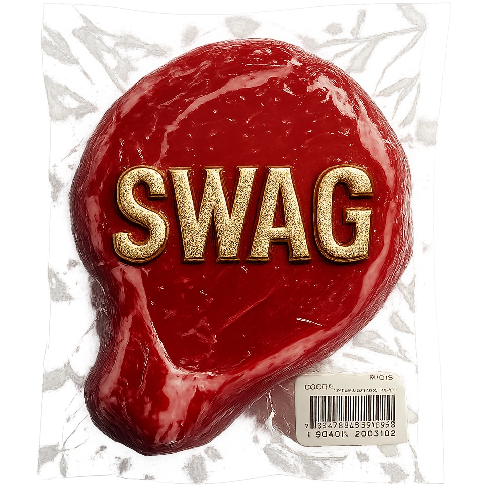 steak with gold embossed 'SWAG' text, glossy and puffy emoji