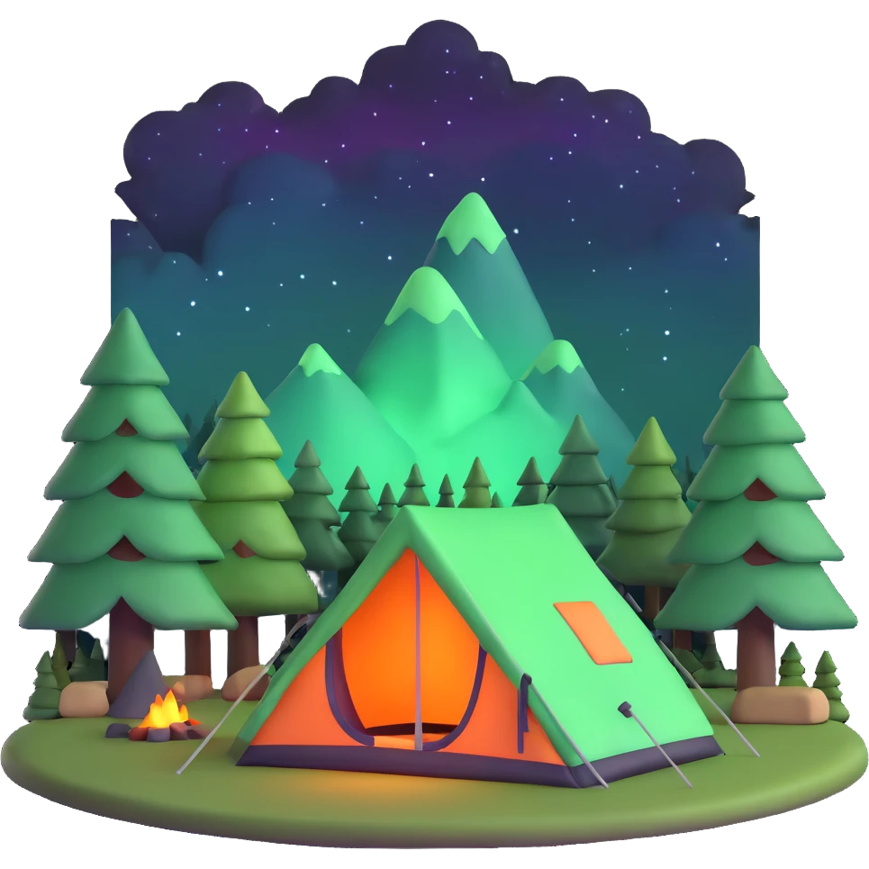 camping tent in forest under northern lights emoji