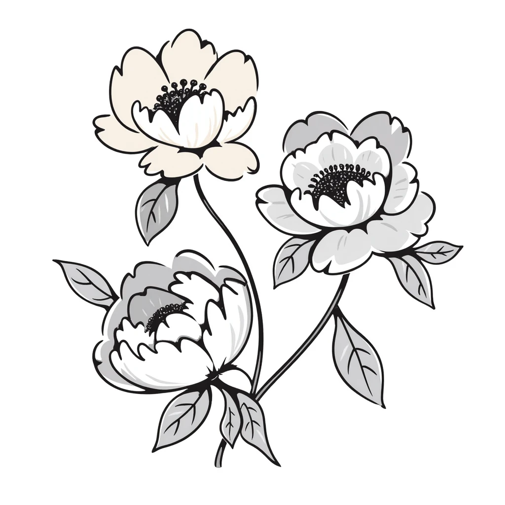 peony flowers with lush petals and leaves in pastel colors dd9fb0 ffc6d3 a3bfc9 c4bee2 f1b091, hand-drawn doodle style emoji