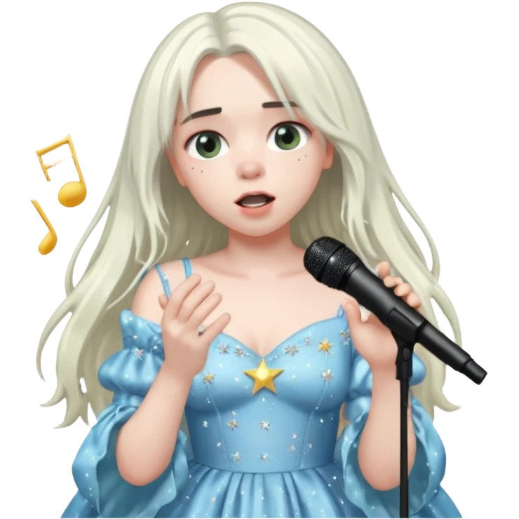 billie eilish is singing, holding mirco and twinkle dresss, white long hair emoji