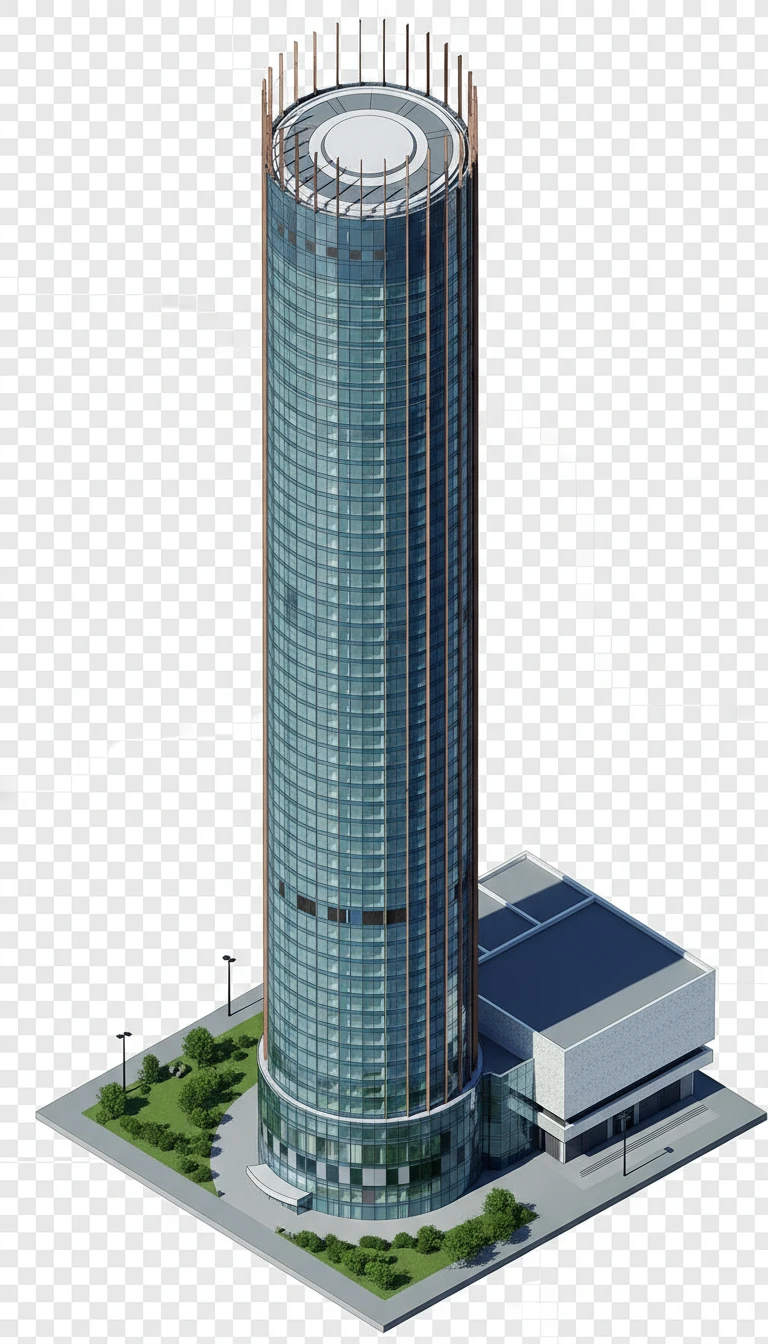 Изометричная, яркая, детализированная, объемная и фотореалистичная иллюстрация Башни «Исеть» в Екатеринбурге. Чёткие контуры, не размазанные линии, высокое качество, прозрачный фон, не обрезать края картинки emoji