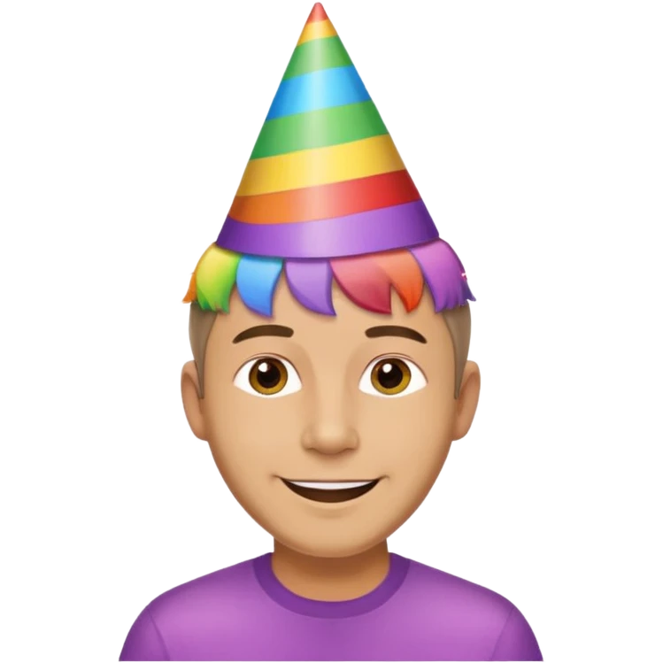 Adult man, short hair, rainbow birthday party hat, cheerful expression emoji