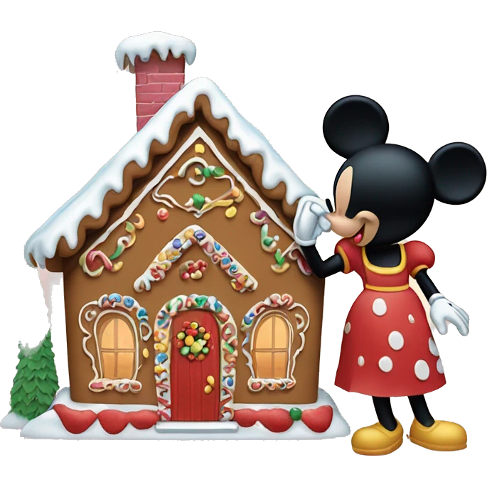 mickey mouse and minnie mouse in front of a beautiful gingerbread house  emoji