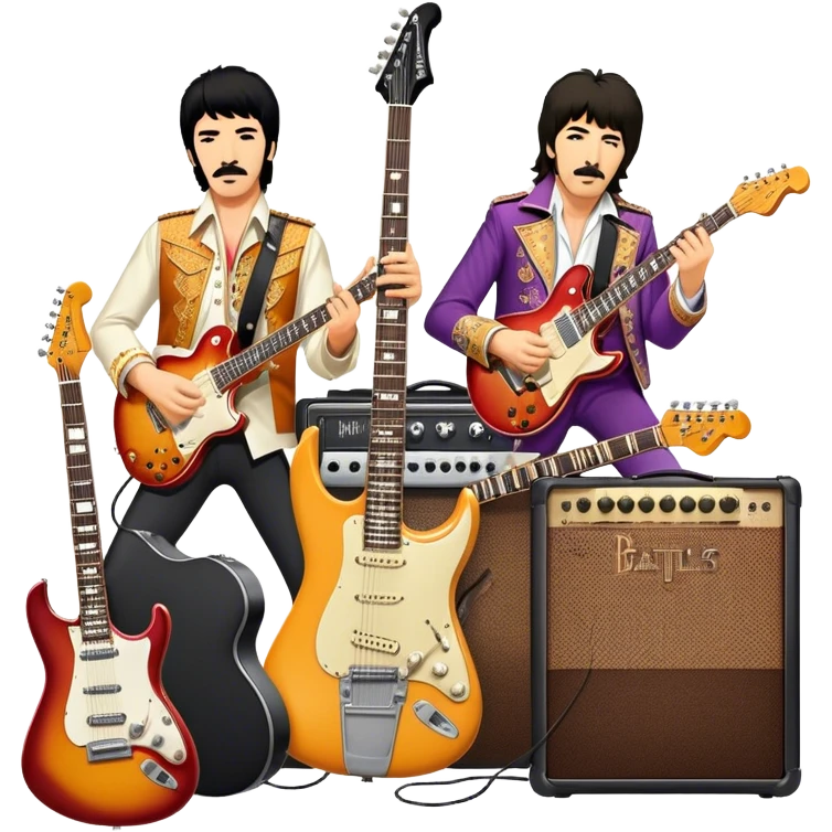 Rock music icon: collage of legendary rock stars—The Beatles, Jimi Hendrix, Elvis Presley, Queen, Nirvana, Led Zeppelin. Electric guitars, amplifiers, and microphones surrounded by vibrant stage lights and musical notes. Transparent background. emoji