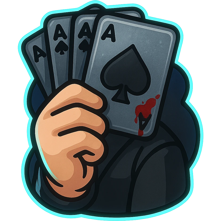 chibi-style hand holding playing cards close to chest, one card subtly bloodstained, silver and black deck, hint of strategy and manipulation, neon glow, 90s noir meets underworld elegance emoji