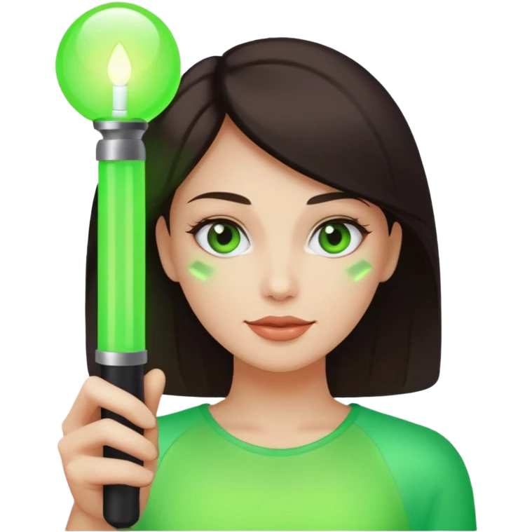A pretty woman holding a green light stick emoji